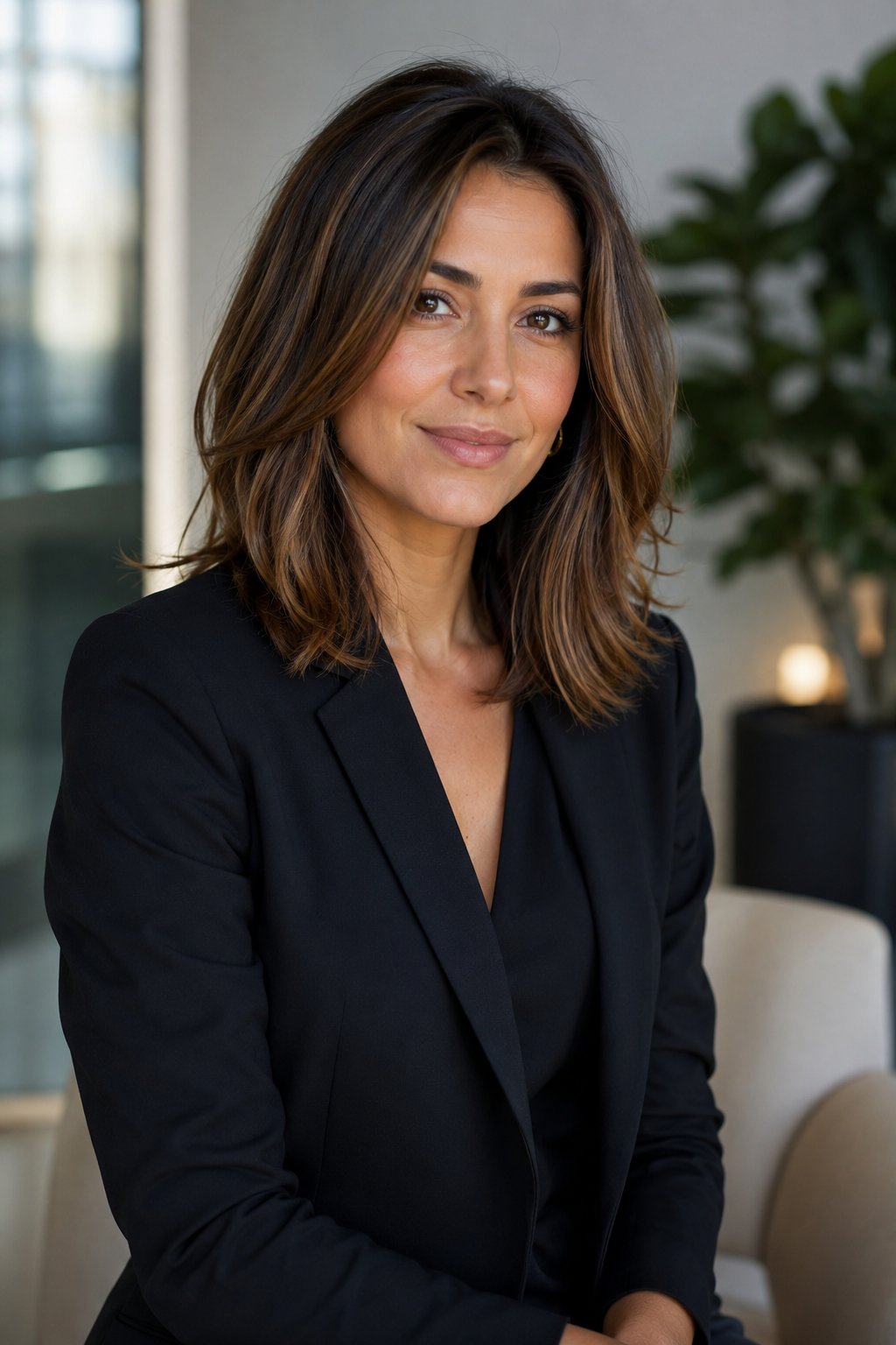 Woman with an A-line bob, shorter at the back and angled longer in front