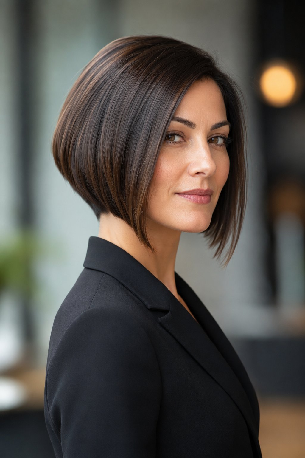 Woman with a short French bob with soft bangs
