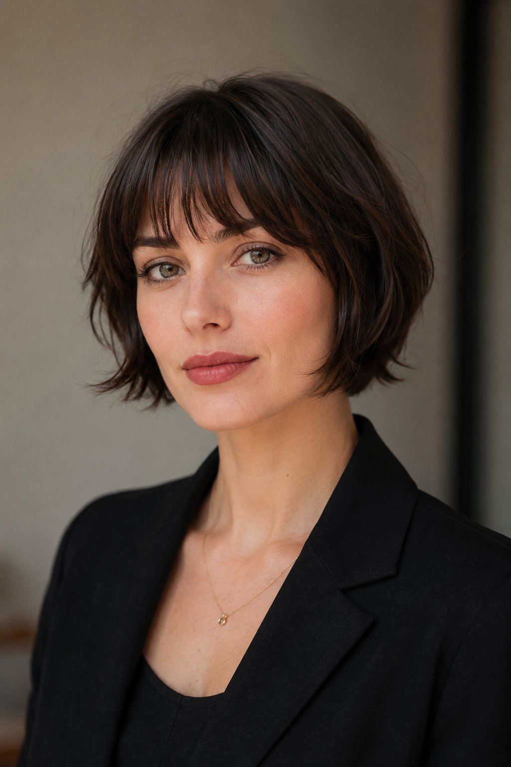 Woman with a textured choppy bob with piecey ends