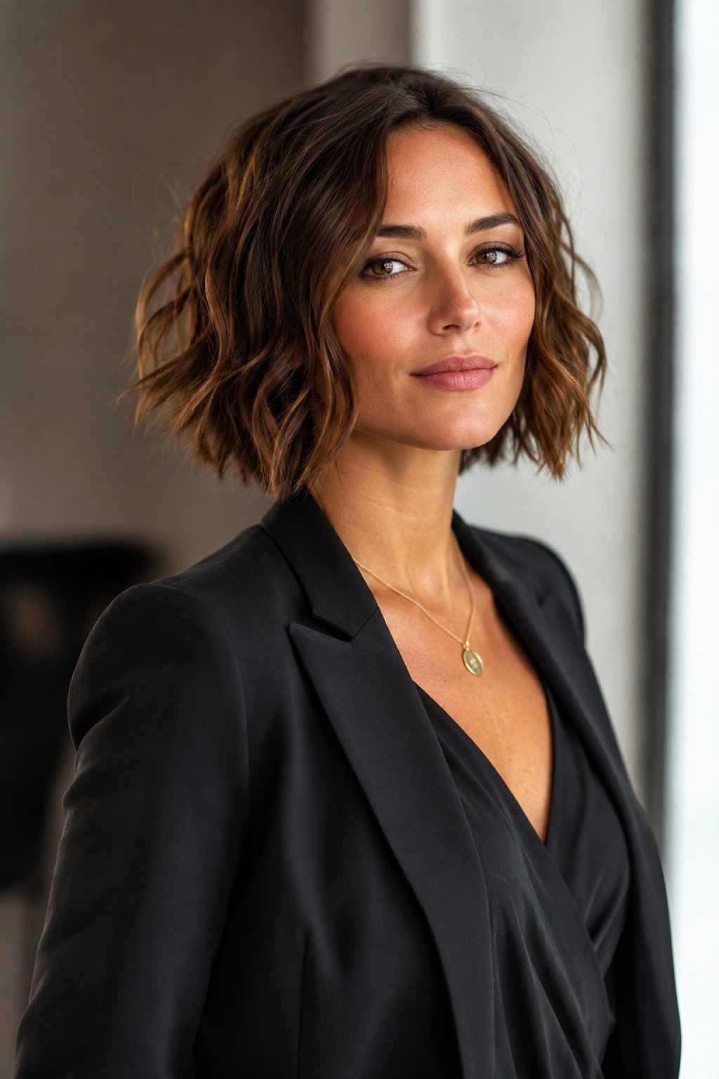 Woman with an asymmetrical bob, one side longer