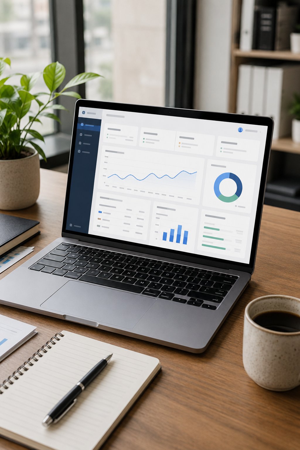 Laptop showing a clean business accounts dashboard on a tidy desk