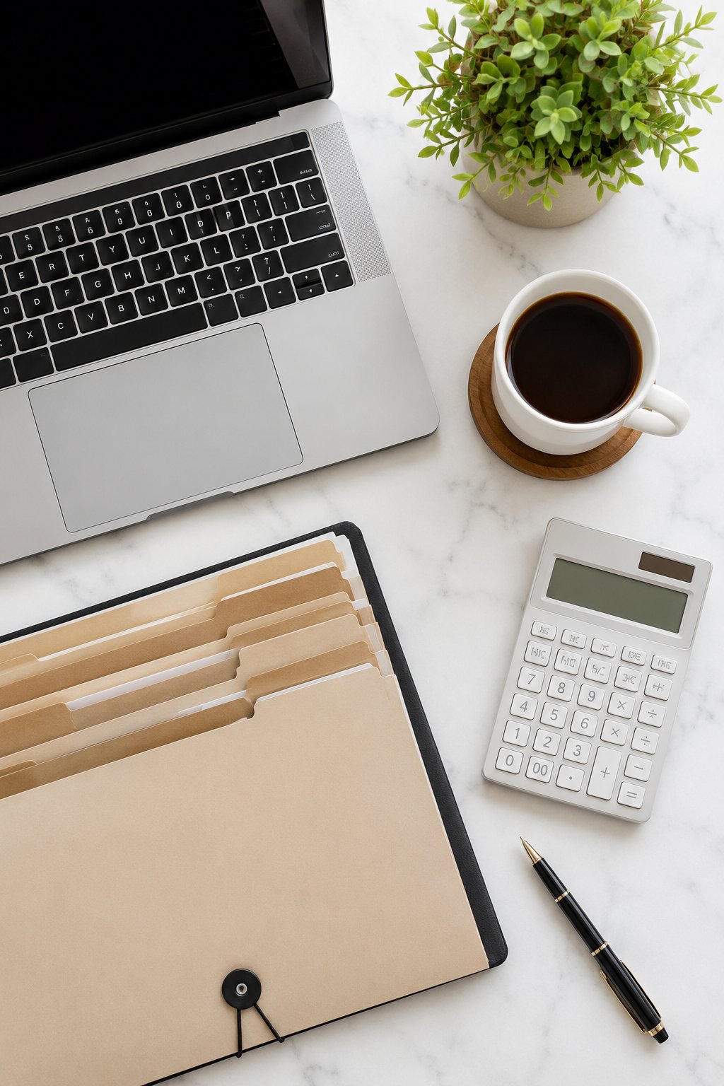 Flat lay of business credit documents, folder, calculator and coffee