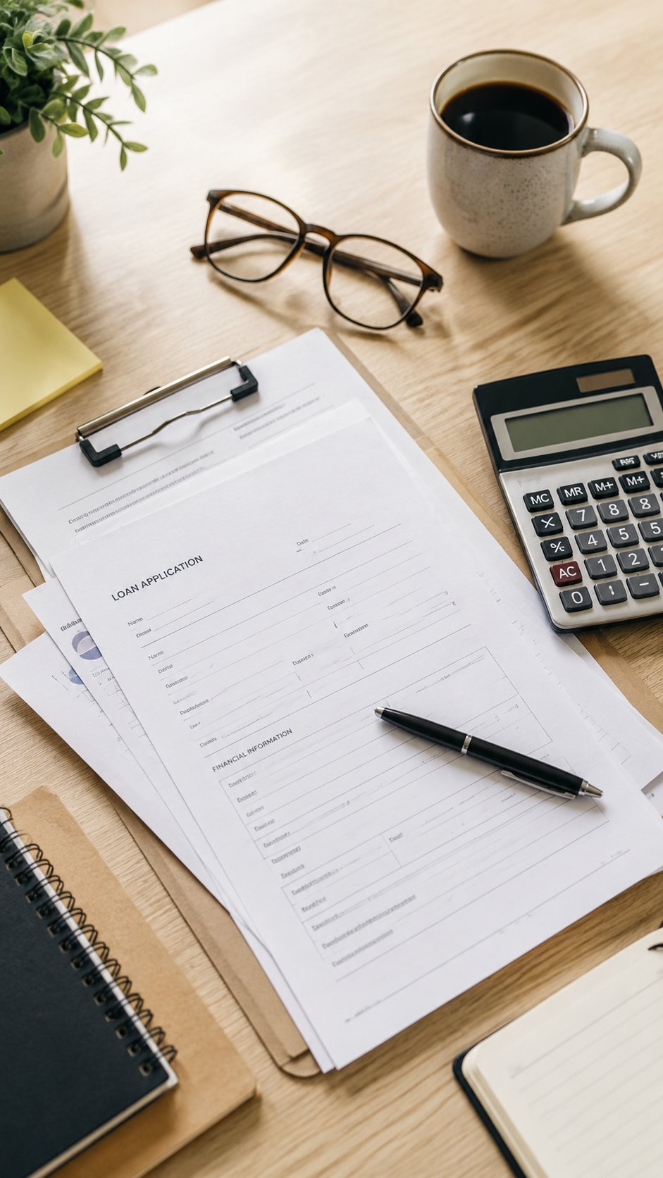Flat lay of business loan documents, calculator, glasses and coffee