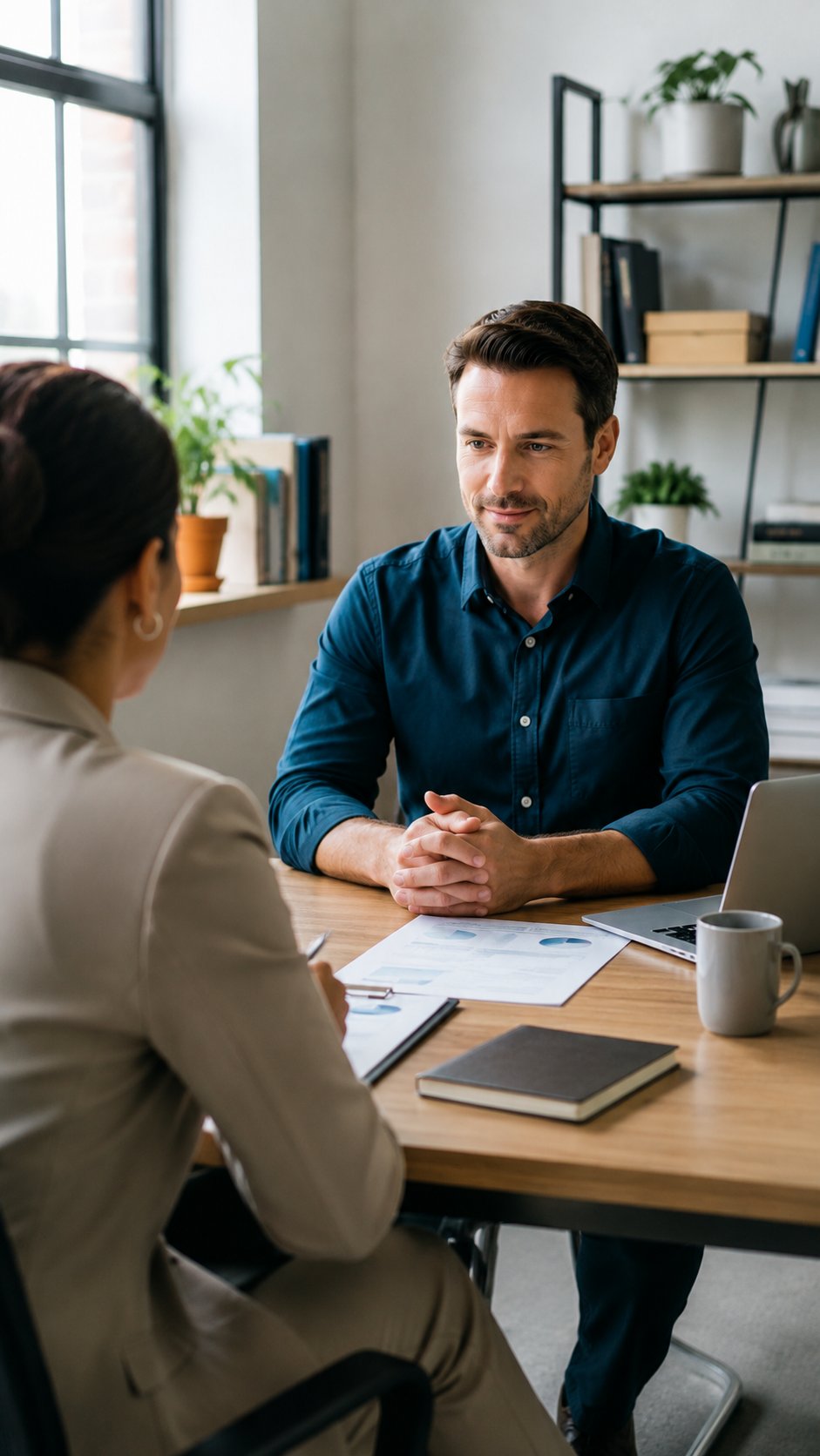 Confident business owner meeting with a lender across a desk