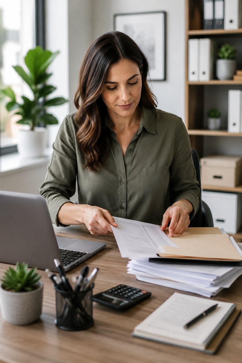 Business owner organising financial paperwork and folders at a desk