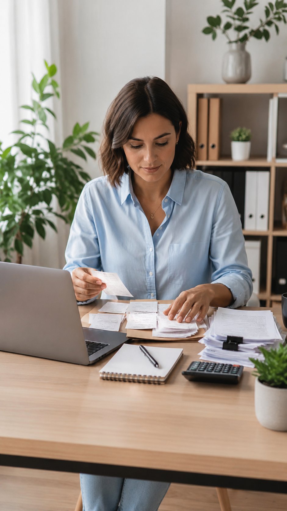 Small business owner organising receipts and paperwork at a tidy desk
