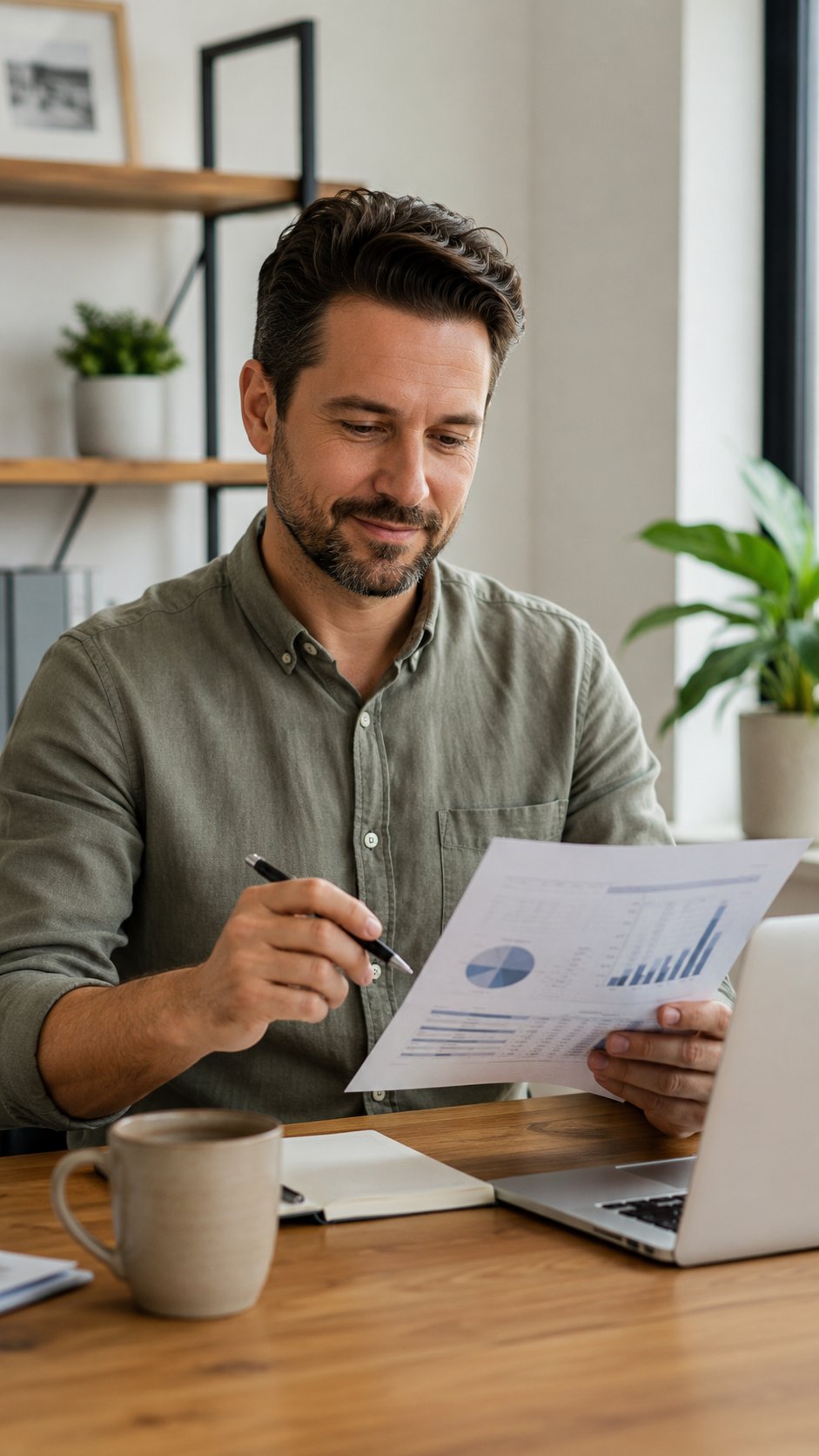 Business owner reviewing a printed financial summary with a pen