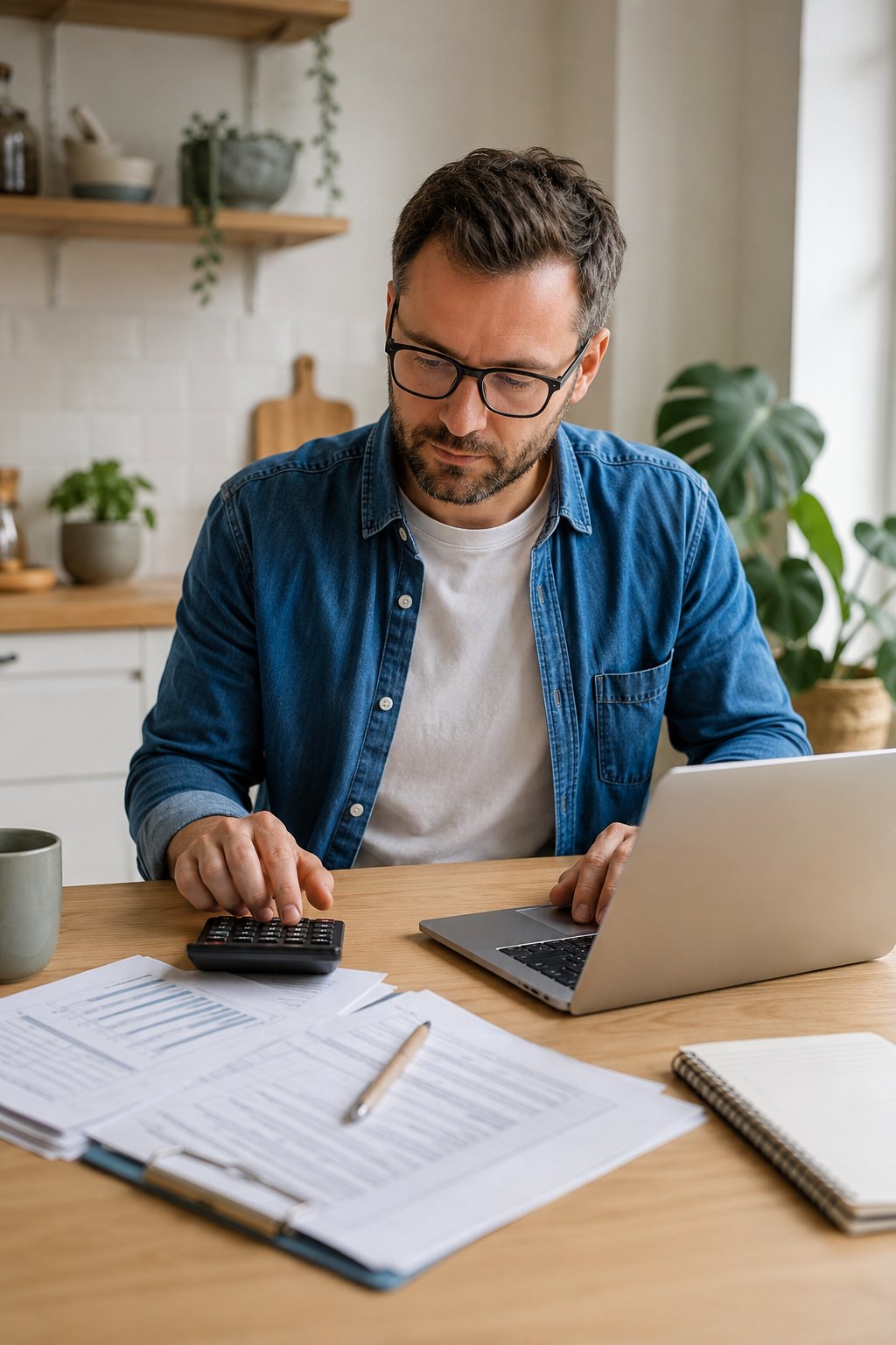 Person calculating health insurance costs with a calculator and laptop