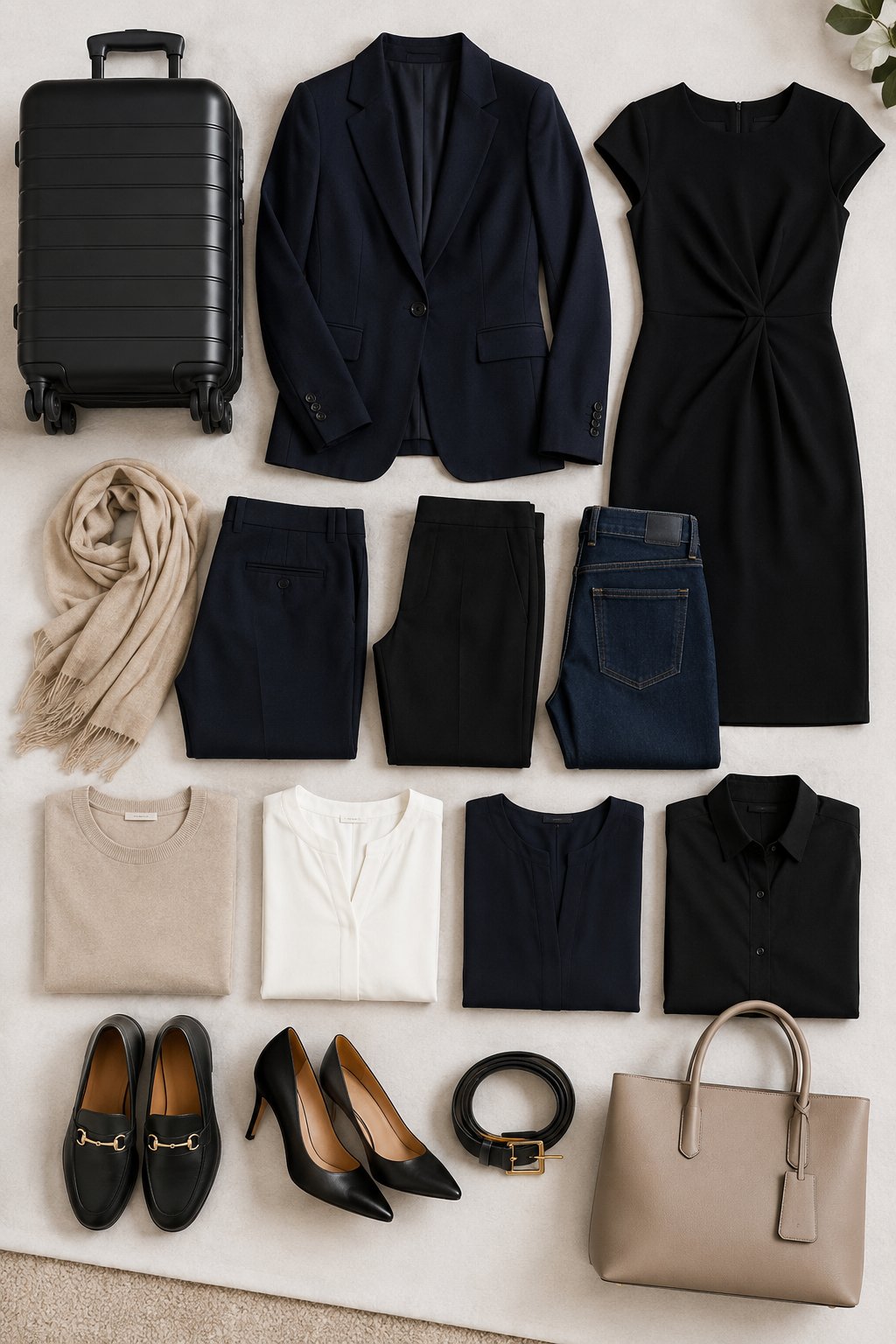 Neat flat-lay of a carry-on capsule wardrobe in a coordinated neutral palette
