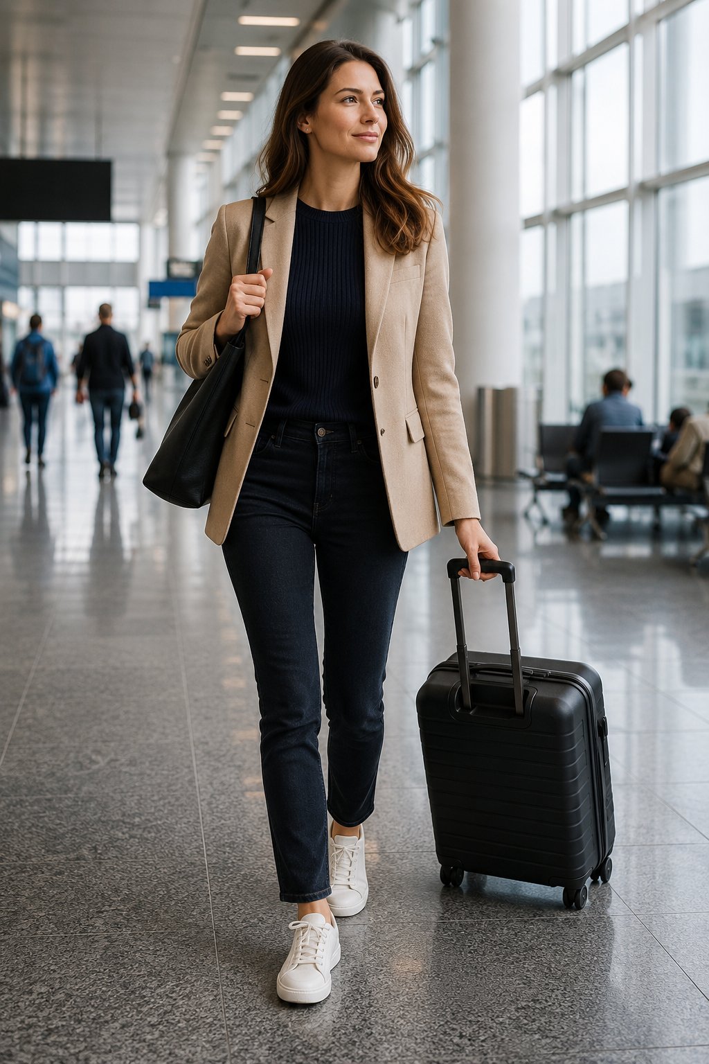 Woman in a travel-day outfit walking through an airport with a carry-on