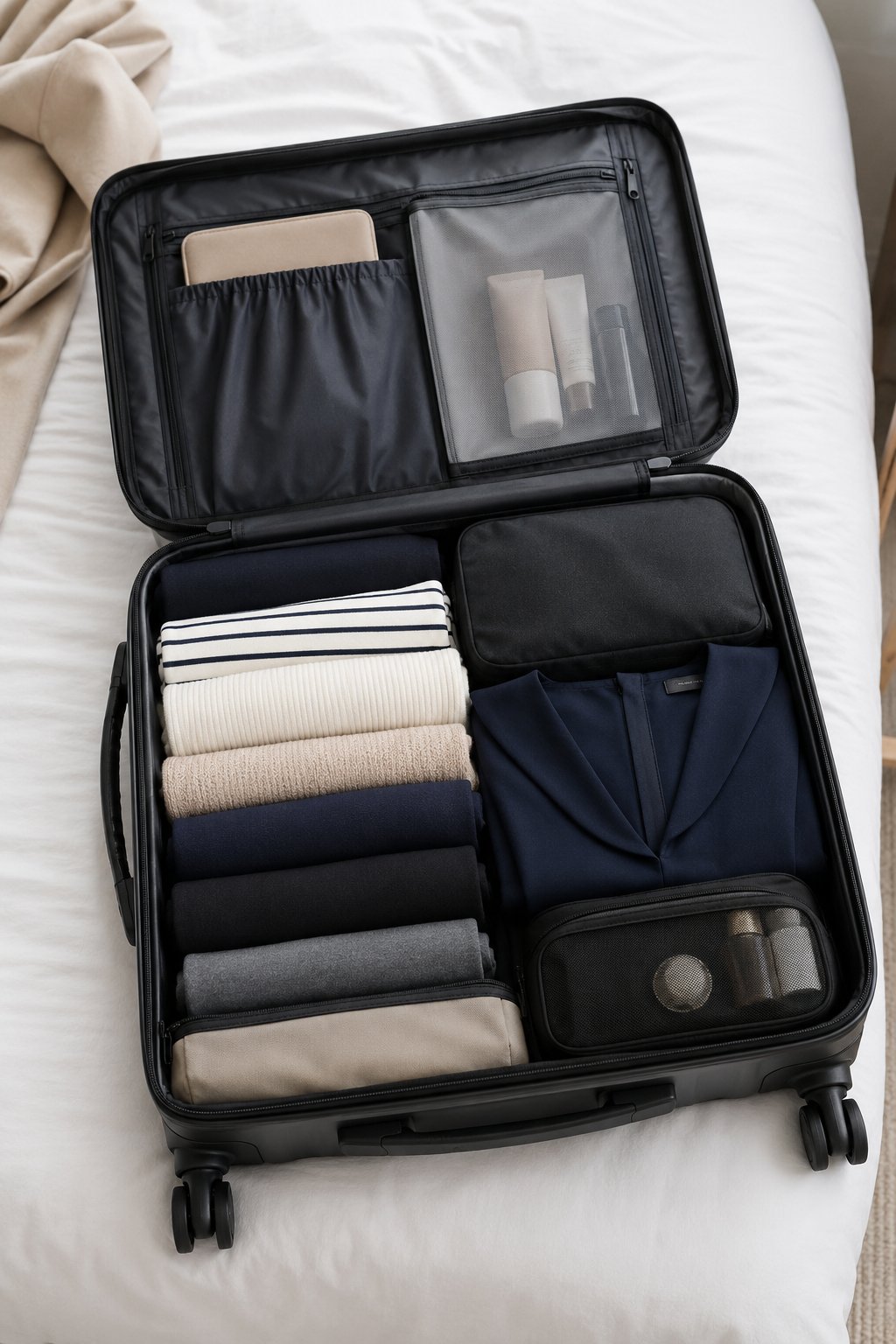Open carry-on suitcase neatly packed with rolled clothes and packing cubes