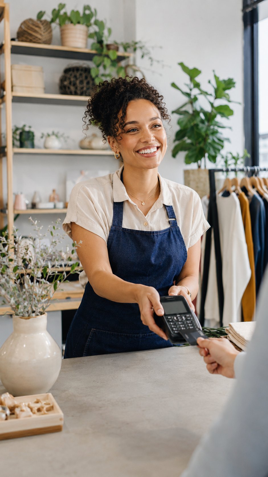 Small business owner taking a card payment on a countertop reader in a bright shop