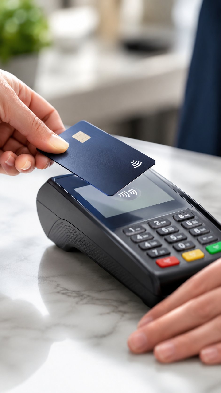 Close shot of a card tapping a modern payment terminal