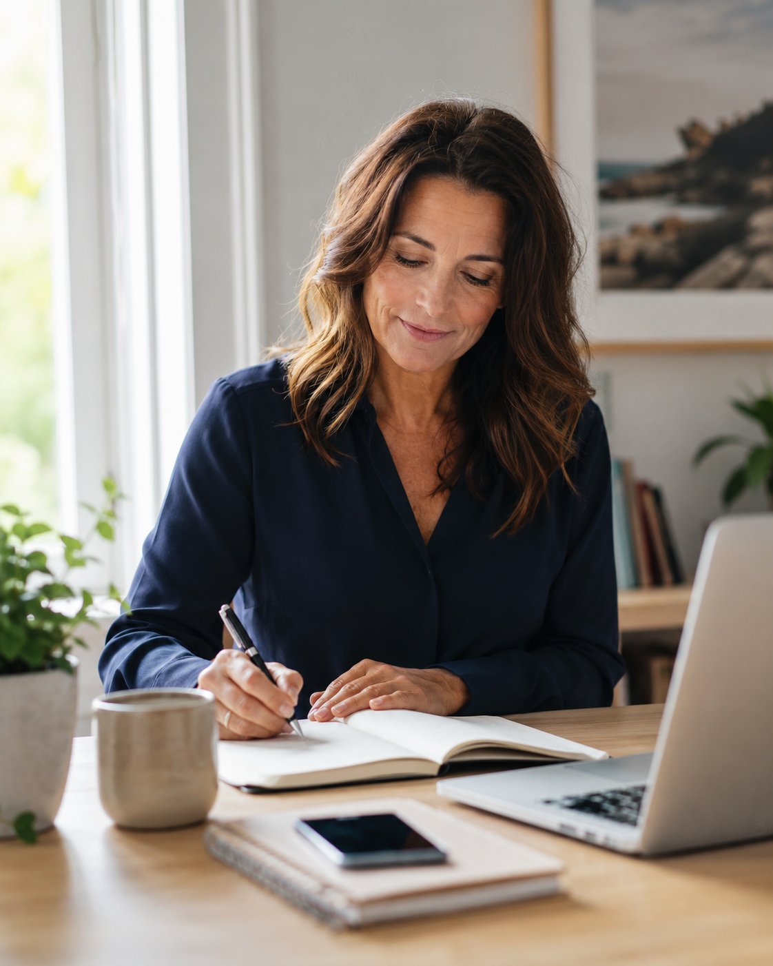 Woman writing her skills and goals in a notebook at a bright desk