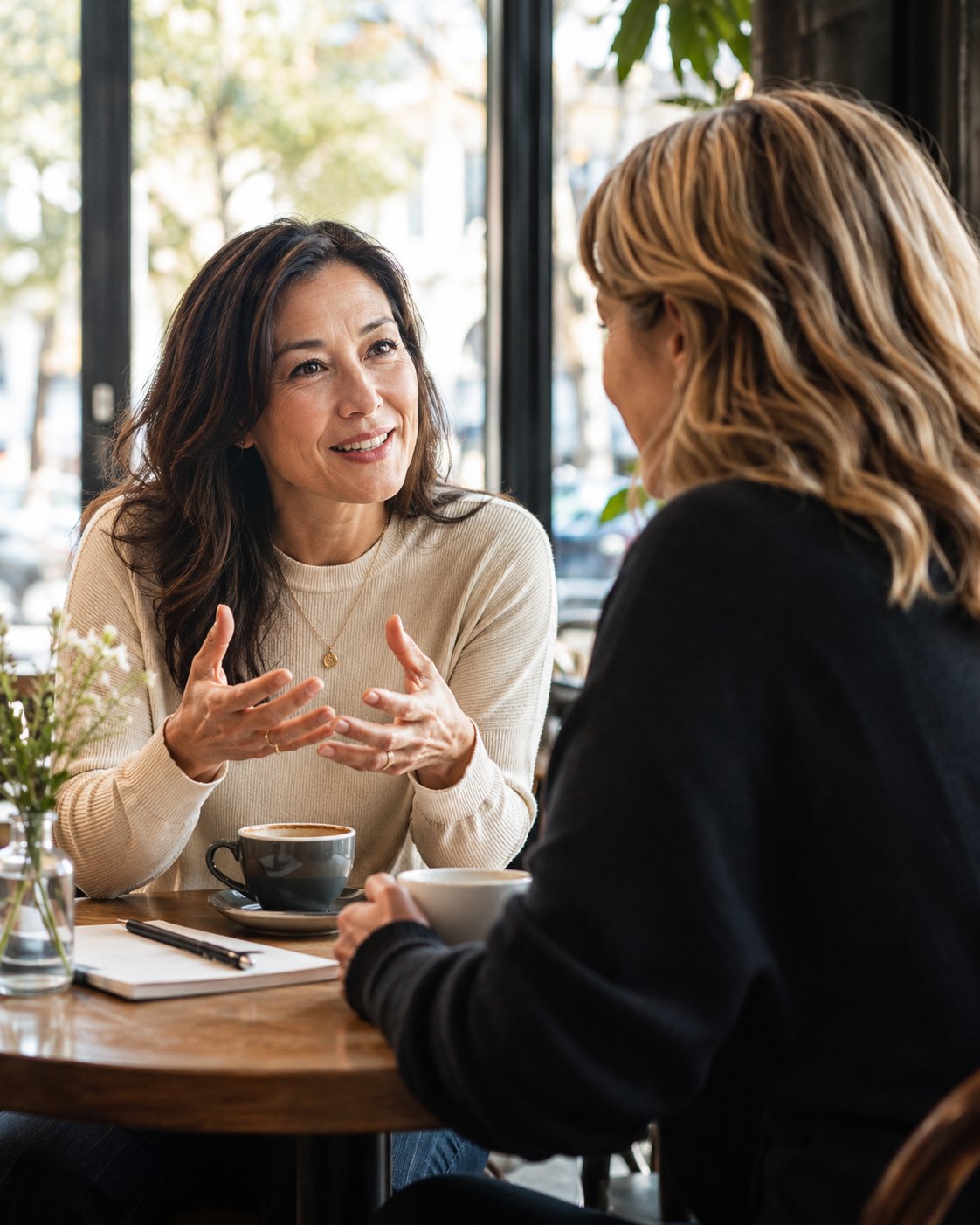 Two women in a friendly coffee-shop informational interview