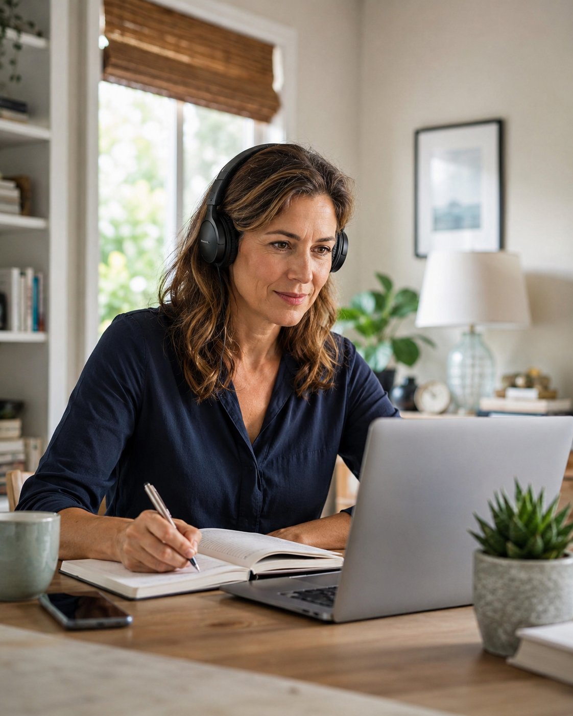 Woman taking an online course on a laptop with headphones at home