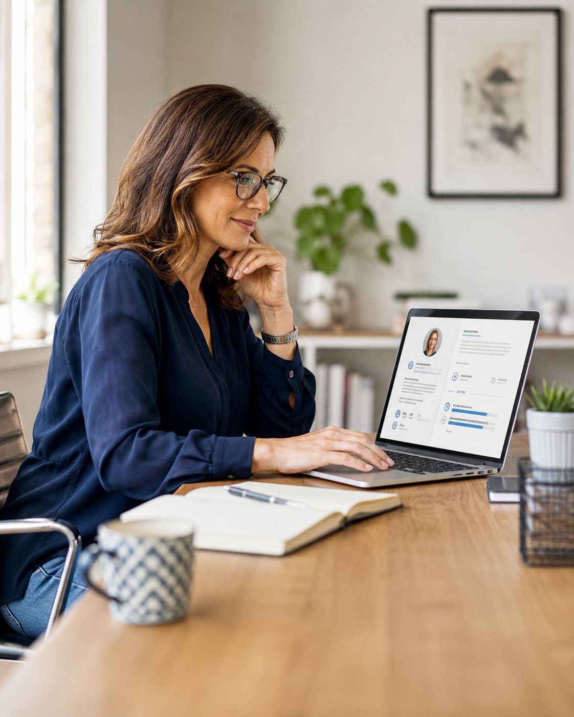 Woman updating her resume and LinkedIn profile on a laptop