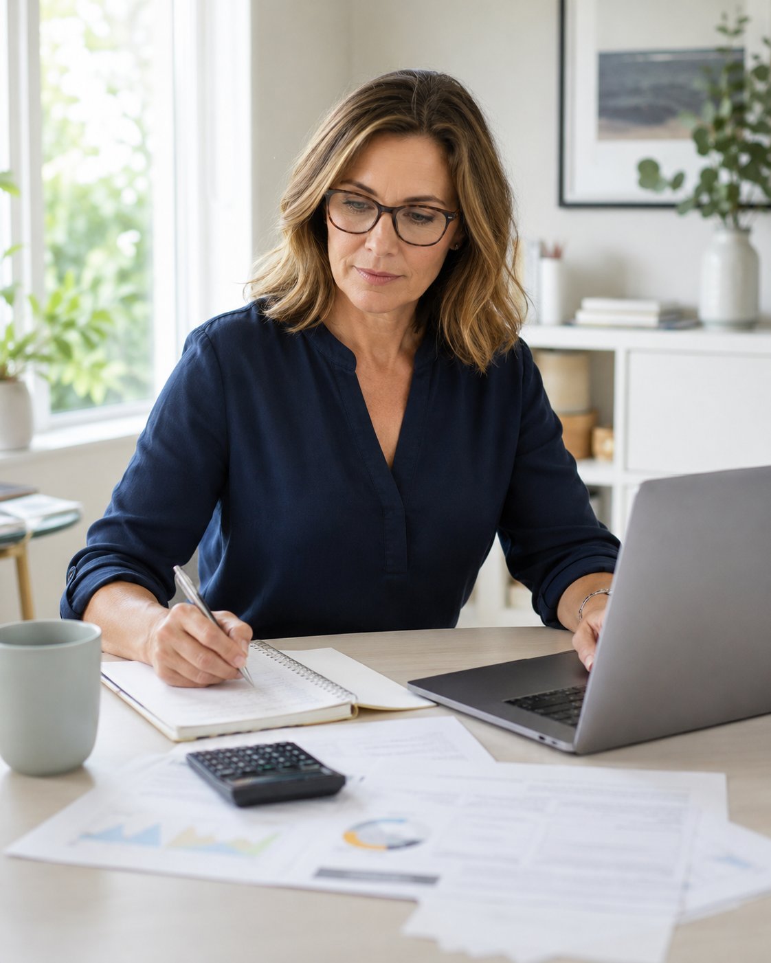 Woman reviewing her budget and finances on a laptop and notebook