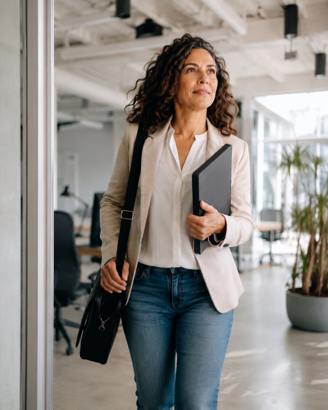 Confident woman walking into a bright modern office starting a new role