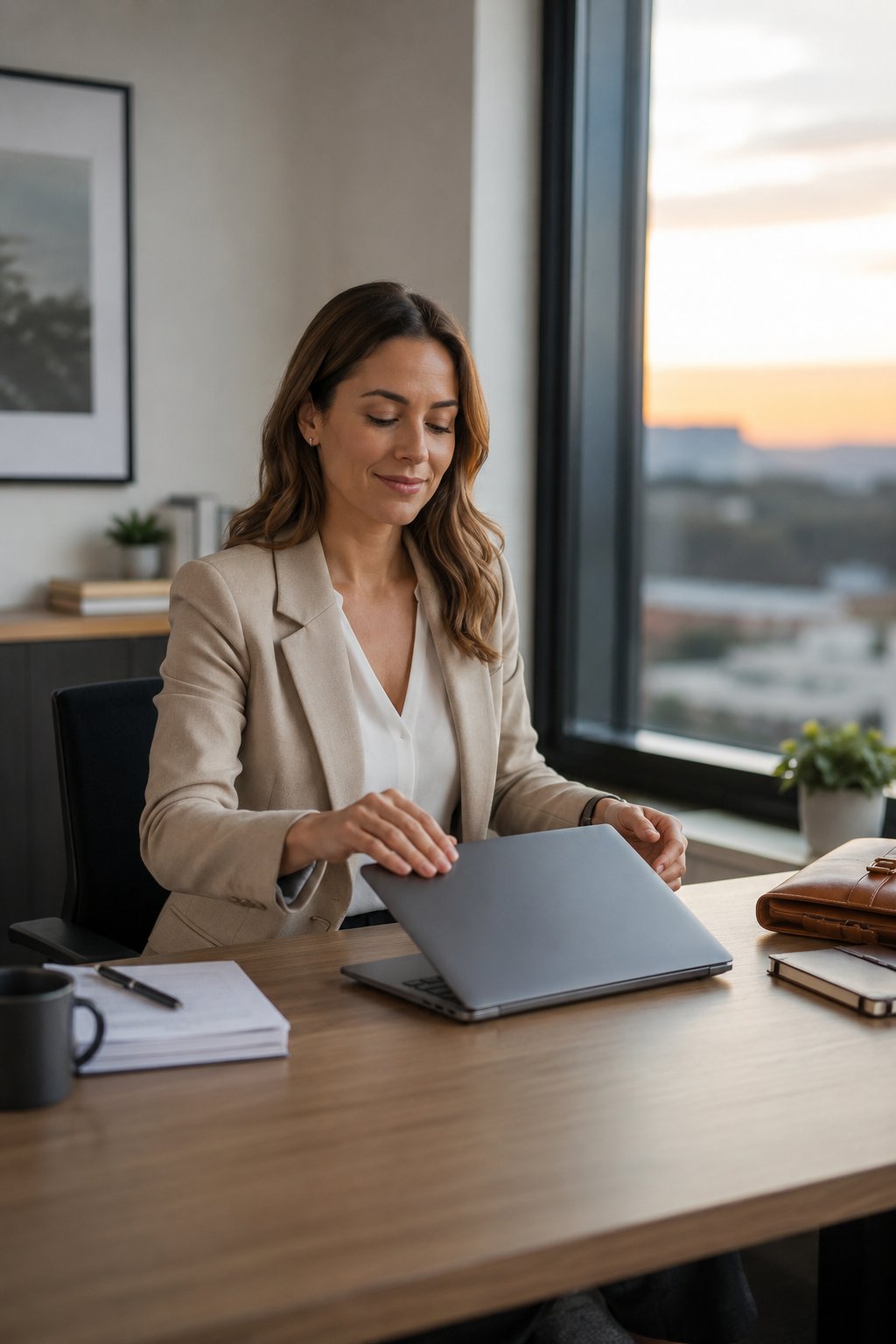 Woman calmly closing her laptop at the end of the workday
