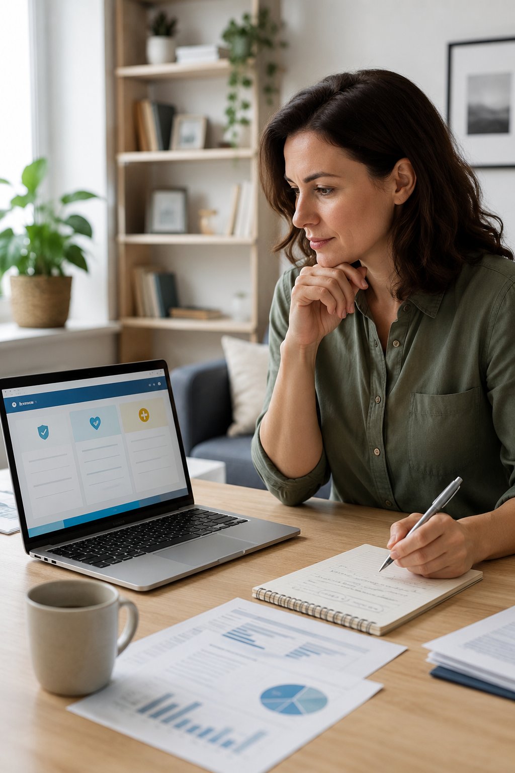 Woman comparing health insurance plan options on a laptop with handwritten notes
