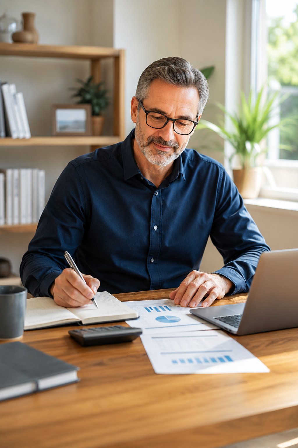 Confident self-employed person planning ahead at a home office desk
