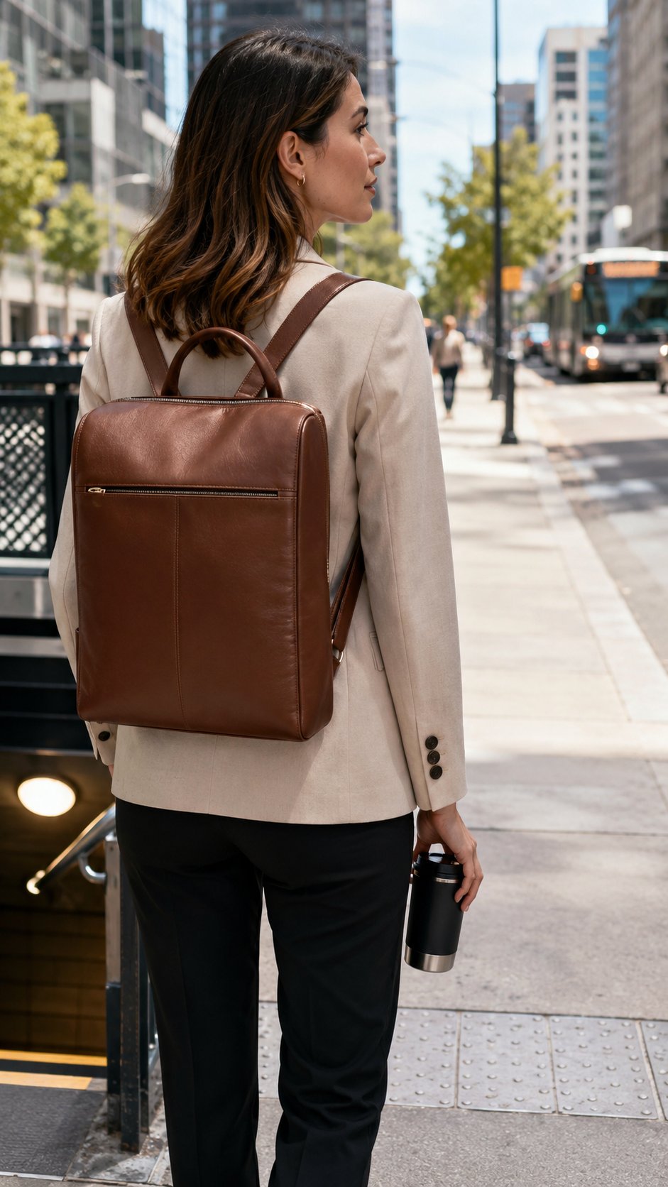Convertible leather work backpack worn by a professional woman commuting