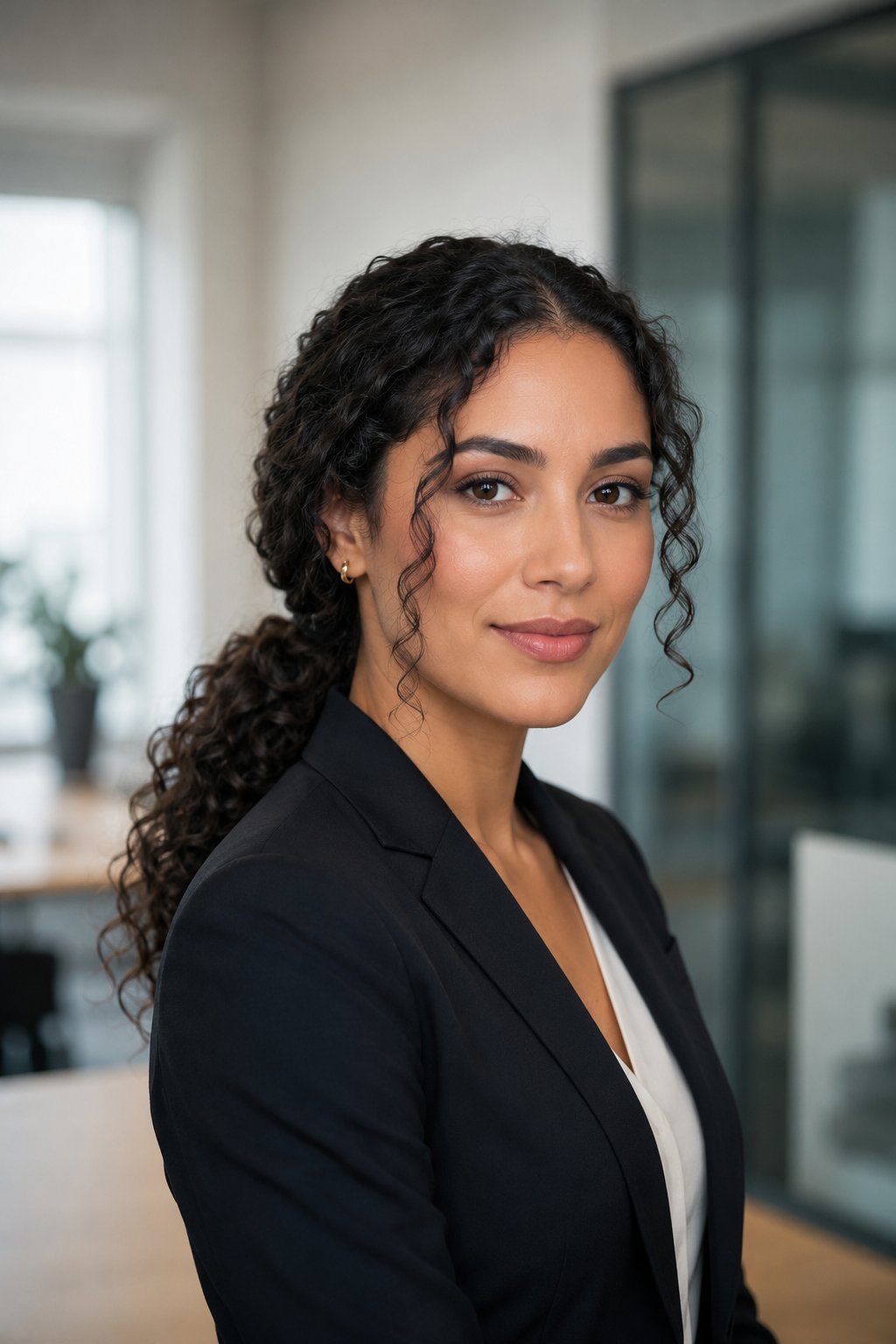 Woman with a smooth low curly ponytail and soft face-framing pieces