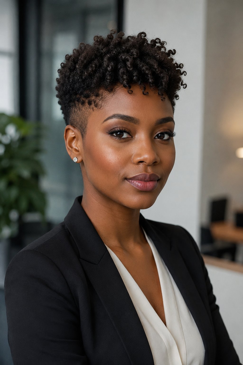 Woman with a curly tapered pixie cut, volume on top and close sides