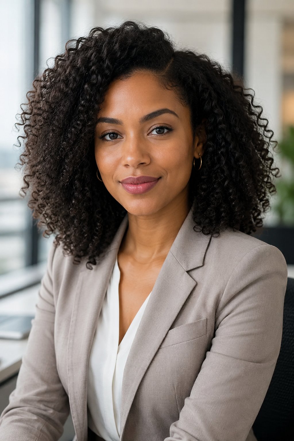 Woman with a defined curly wash-and-go worn down, polished and natural