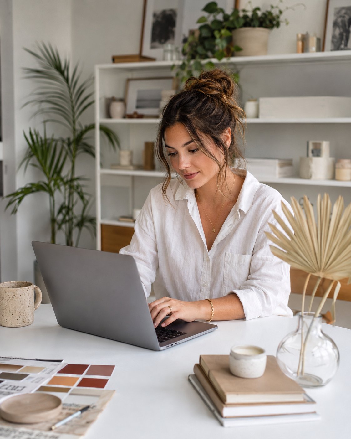 Woman designing a template on a laptop at a bright desk