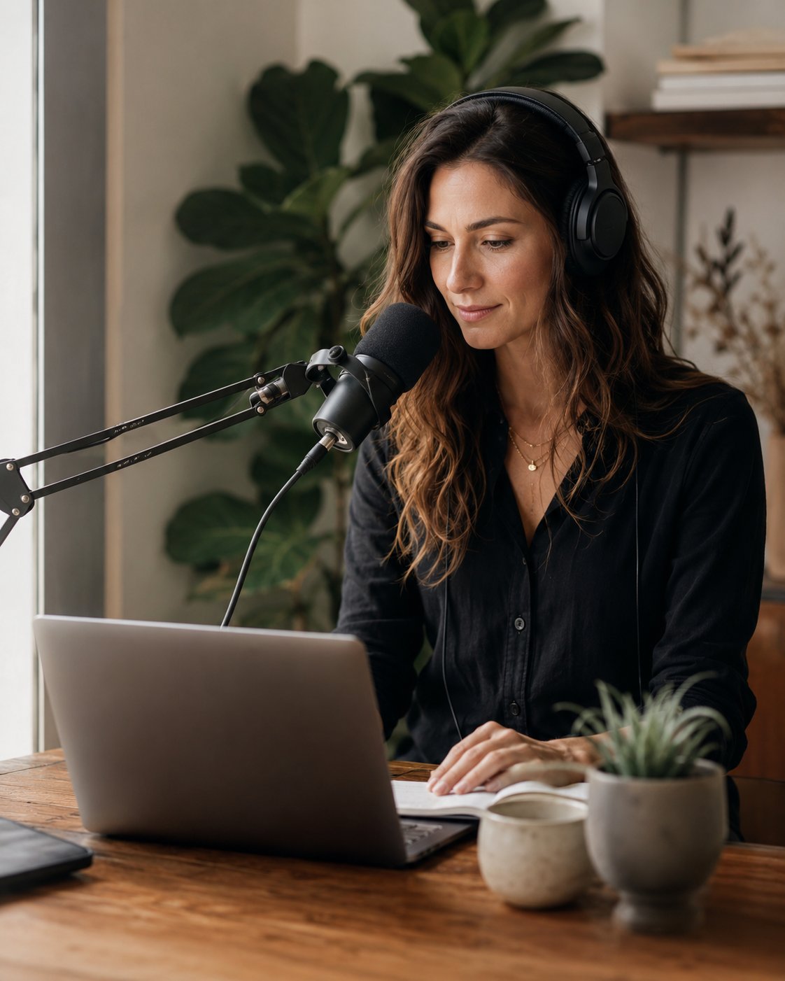 Woman recording audio into a podcast microphone at a home desk