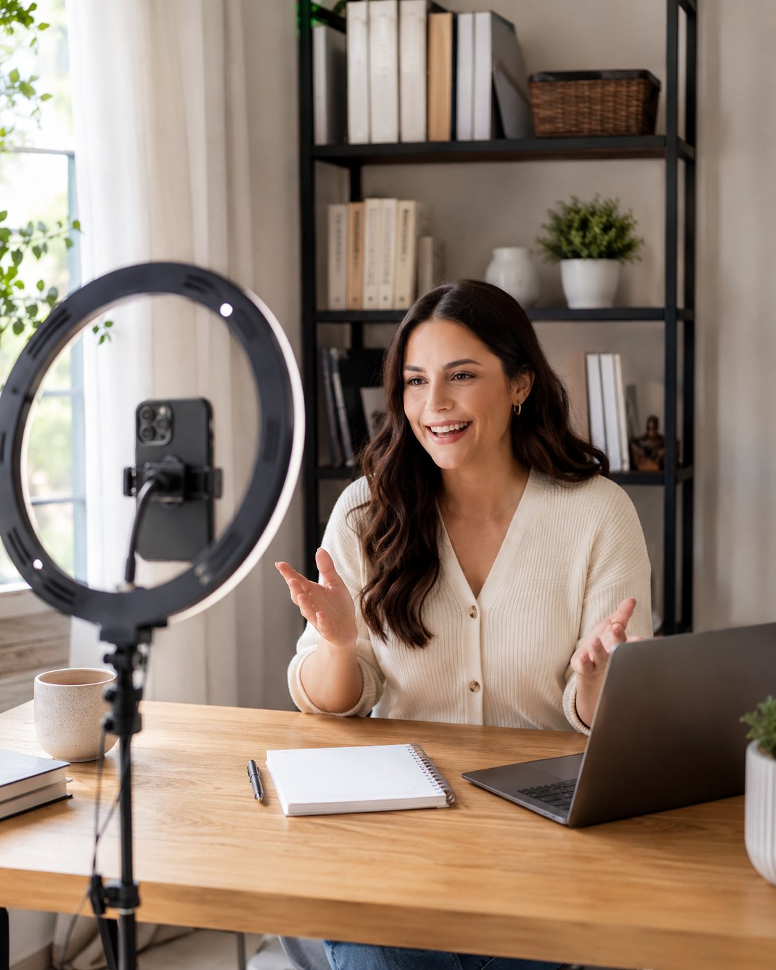 Woman recording an online course with a ring light and laptop