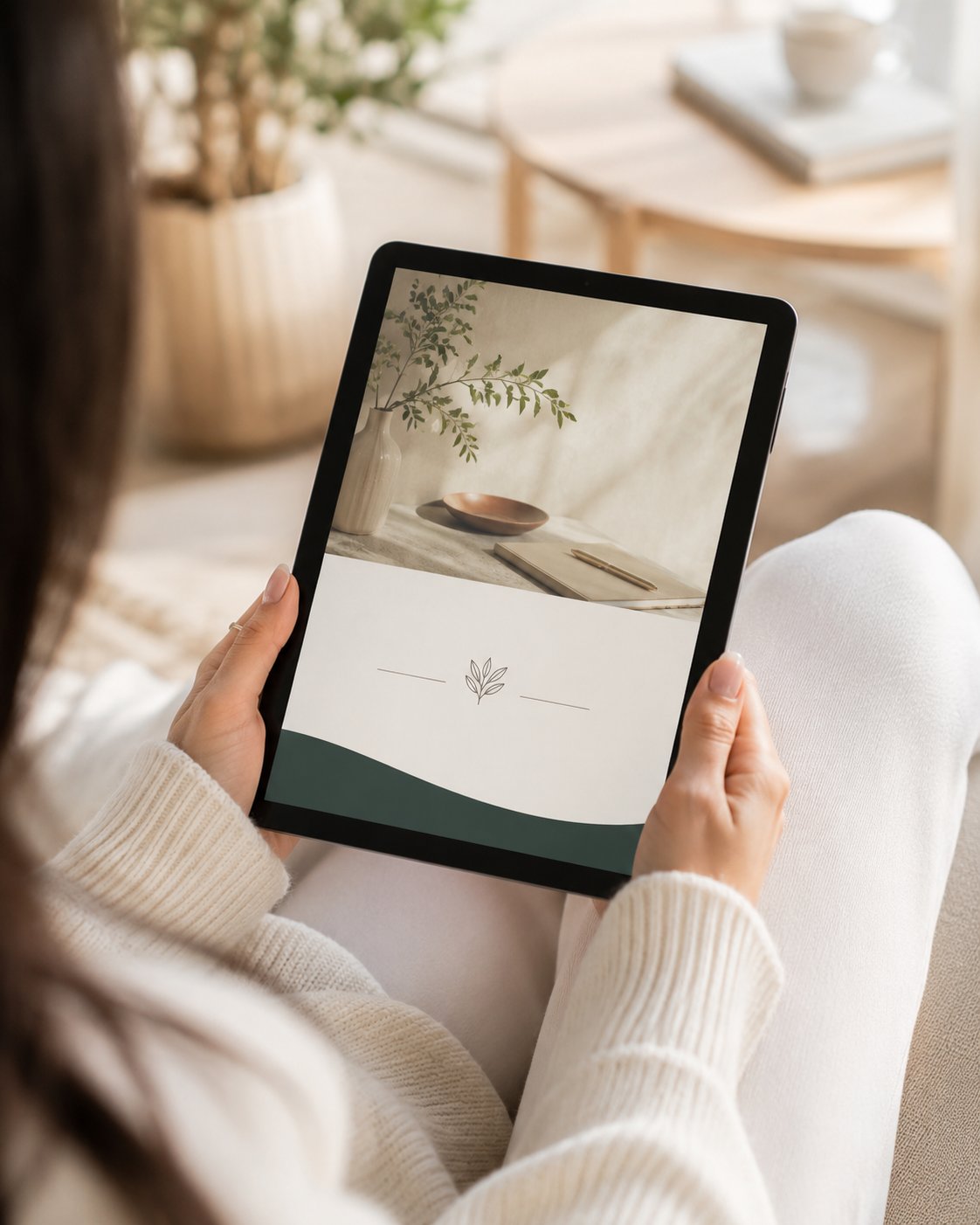 Hands holding a tablet showing a clean ebook cover