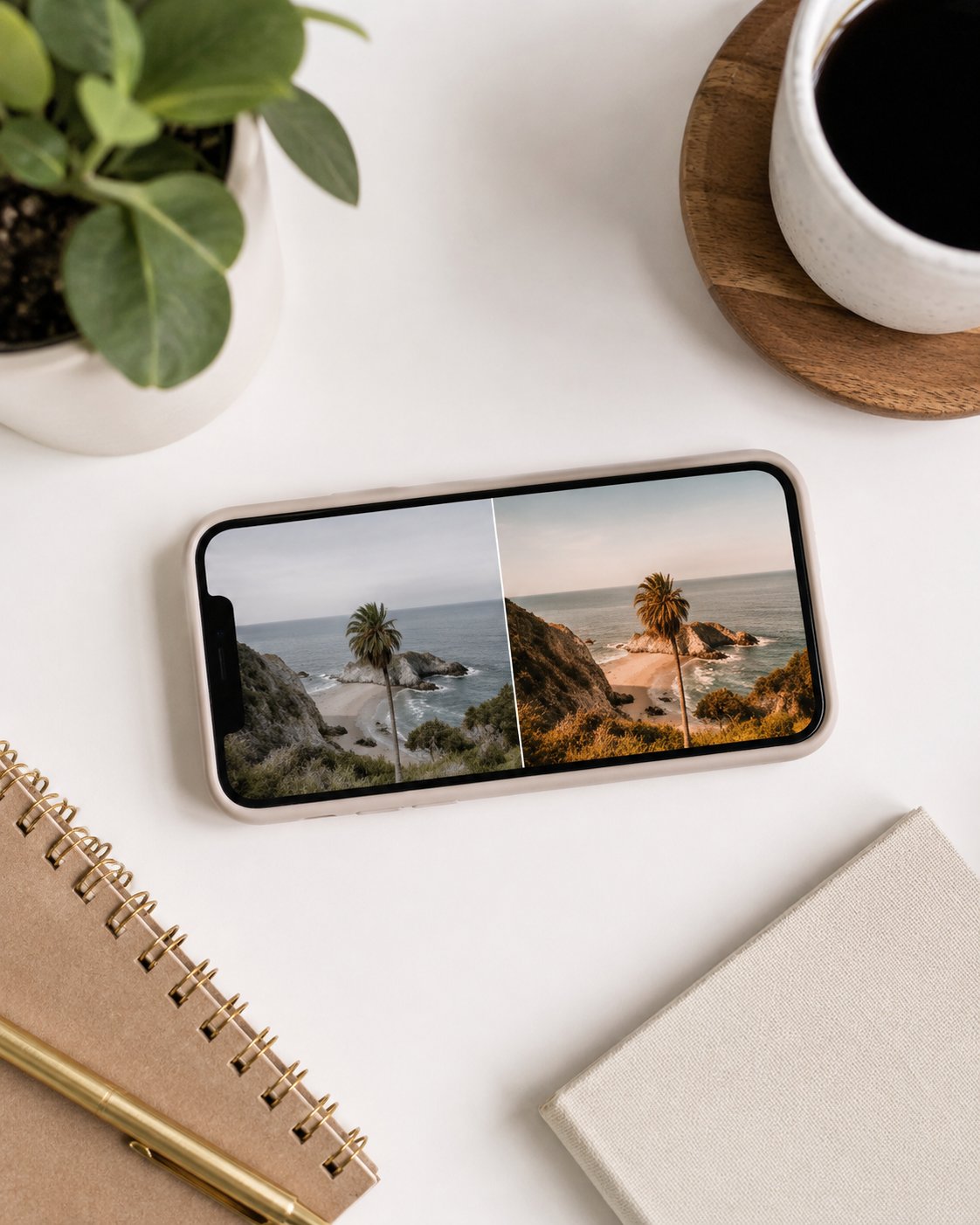 Flat-lay showing photo presets, an edited and unedited photo side by side