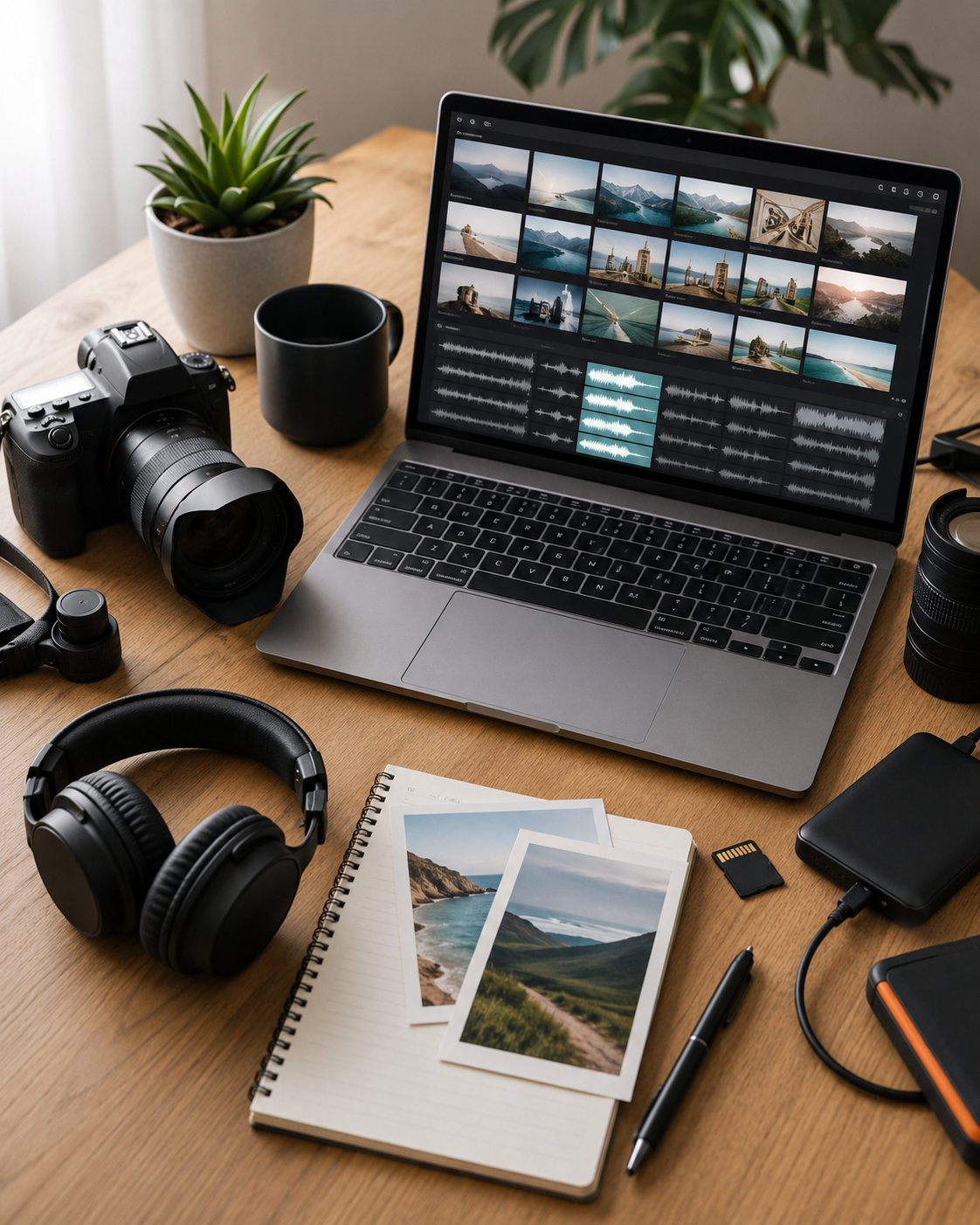 Flat-lay of stock media assets: camera, headphones and laptop
