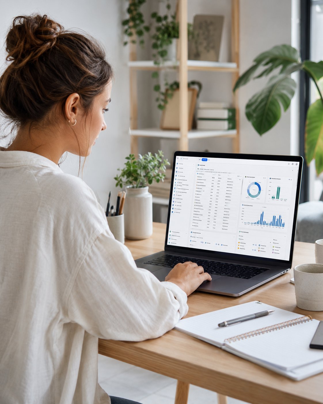 Woman building a no-code tool or spreadsheet dashboard on a laptop