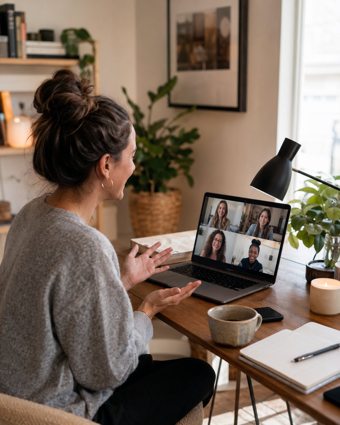 Woman hosting an online community video call on a laptop