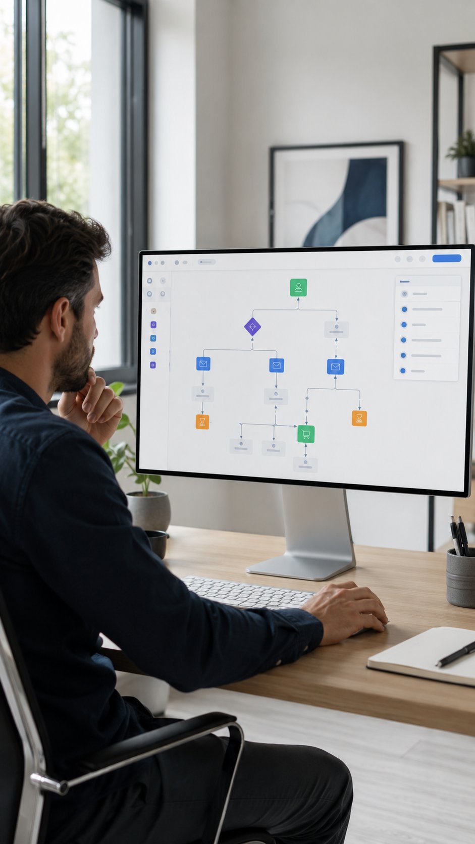 Marketer building an email automation workflow on a large monitor