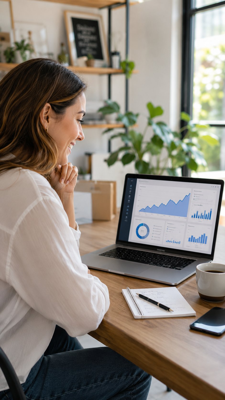 Small business owner reviewing email marketing analytics and list growth