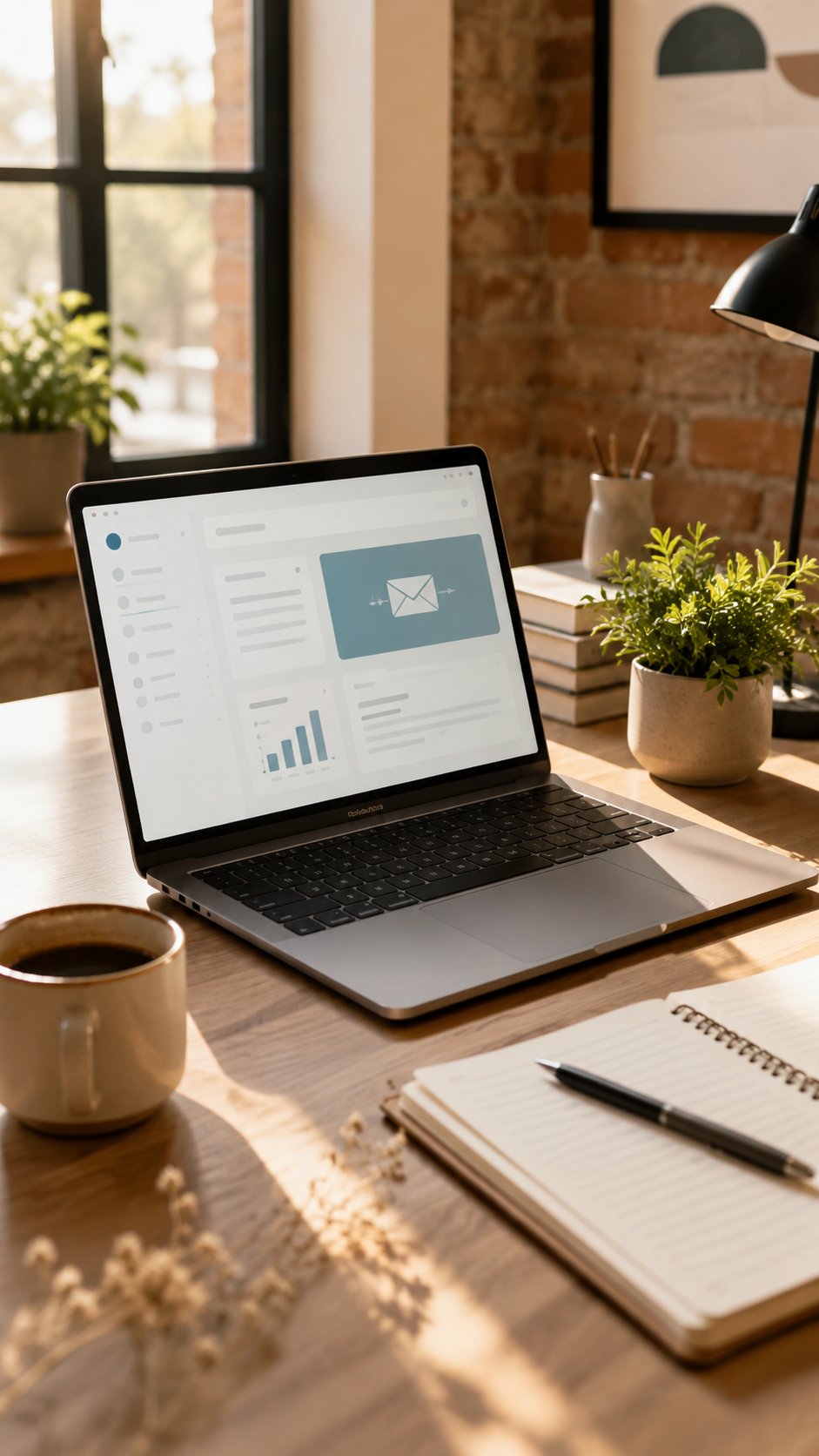 Bright creative workspace with laptop, plant and coffee for email marketing