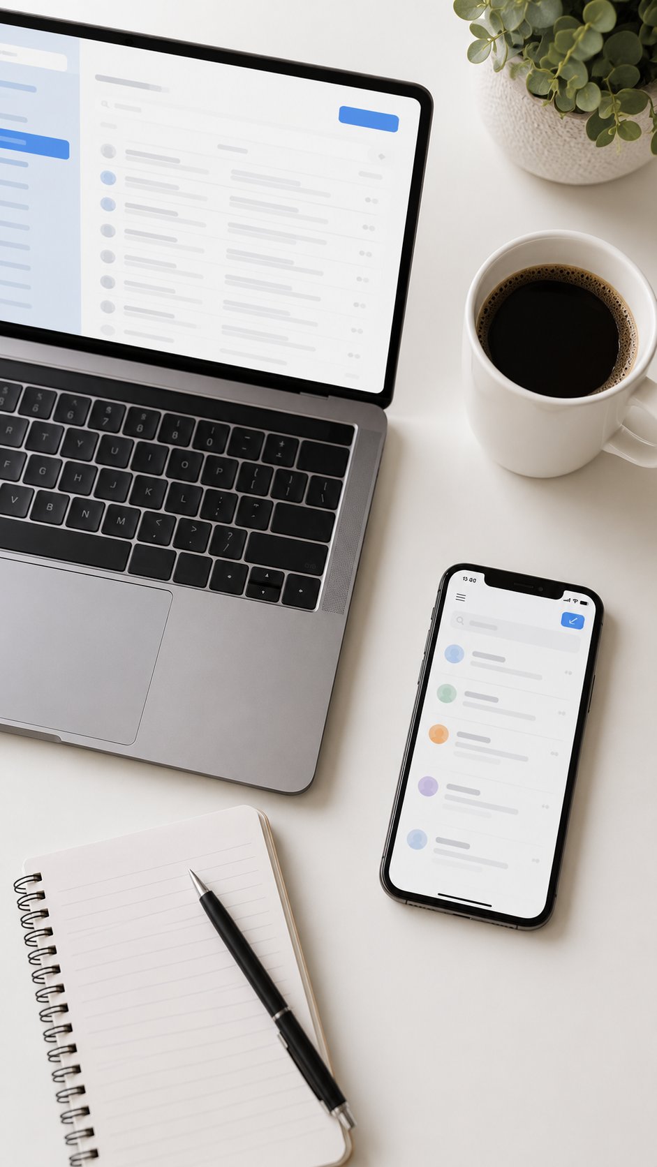 Flat lay of a desk with laptop, phone showing inbox, notebook and coffee
