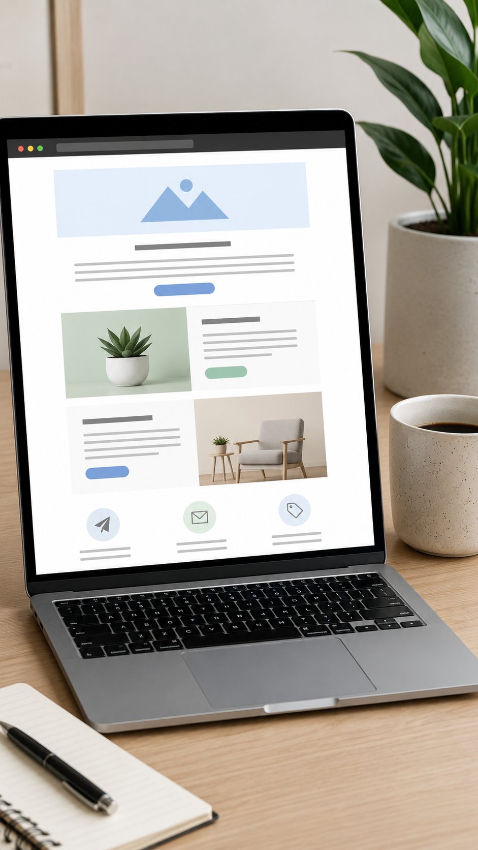 Clean modern email newsletter layout displayed on a laptop screen