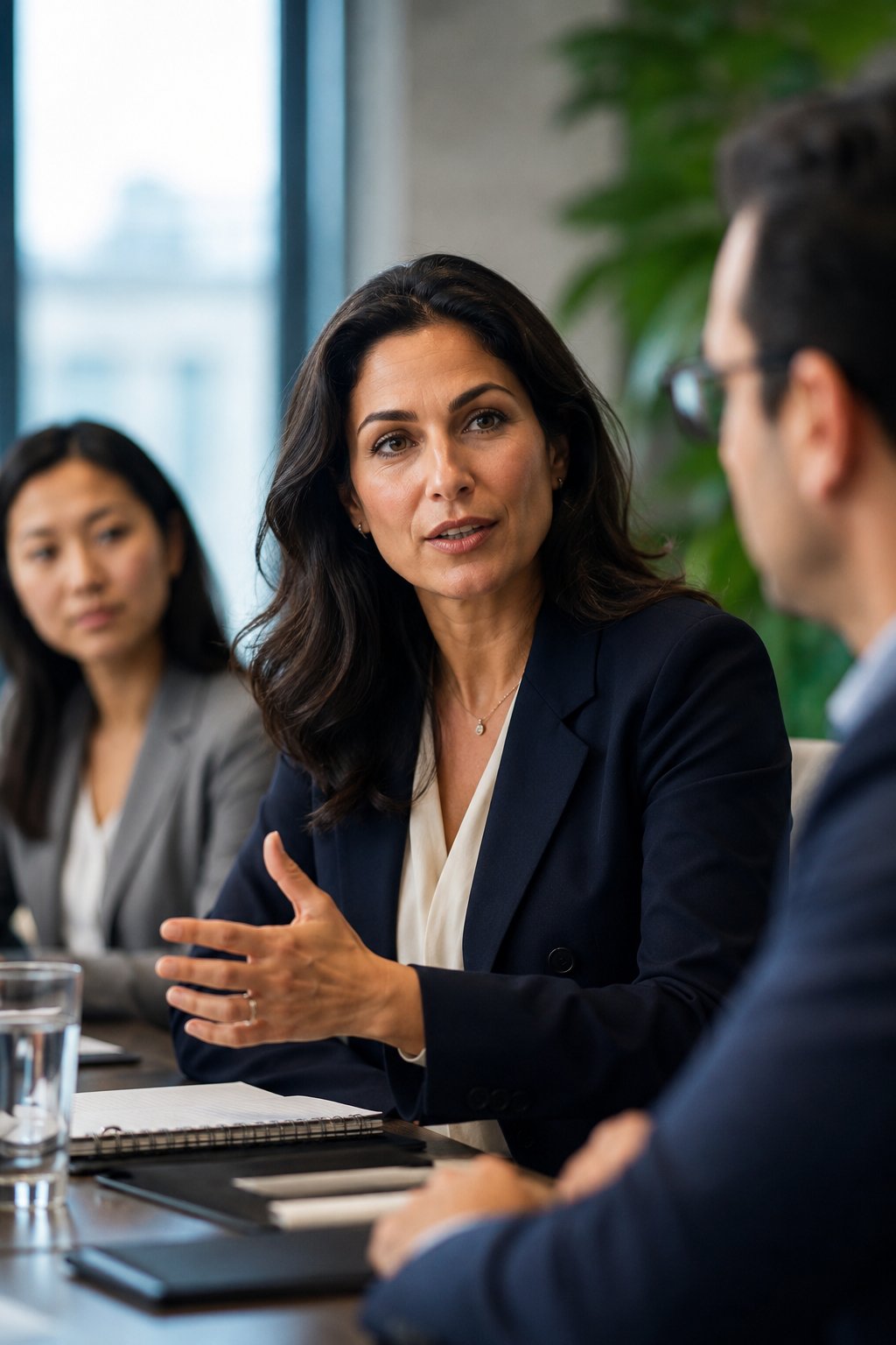 Confident professional woman speaking calmly in a meeting while colleagues listen