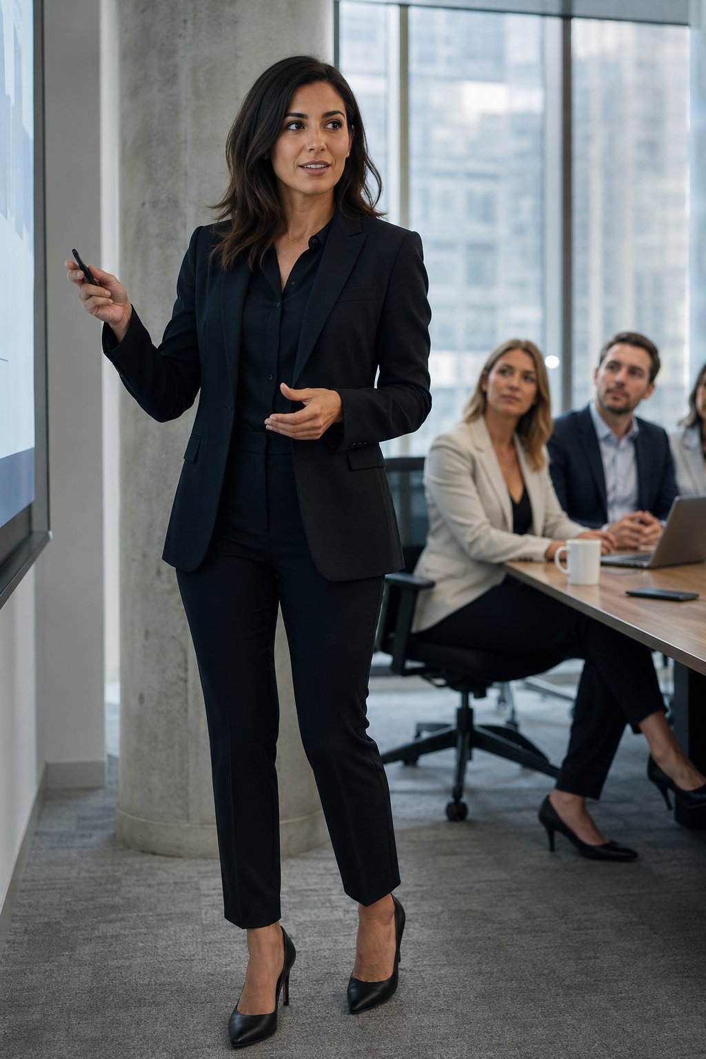 Woman presenting confidently to a small group in a modern office