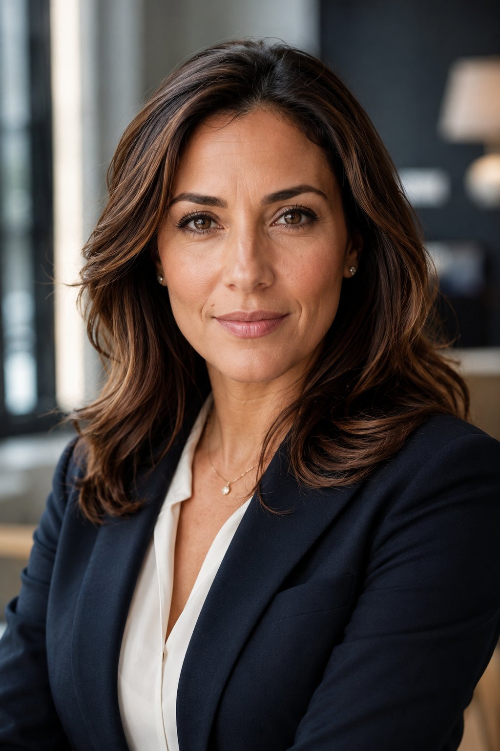 Warm portrait of a confident businesswoman with calm, direct eye contact