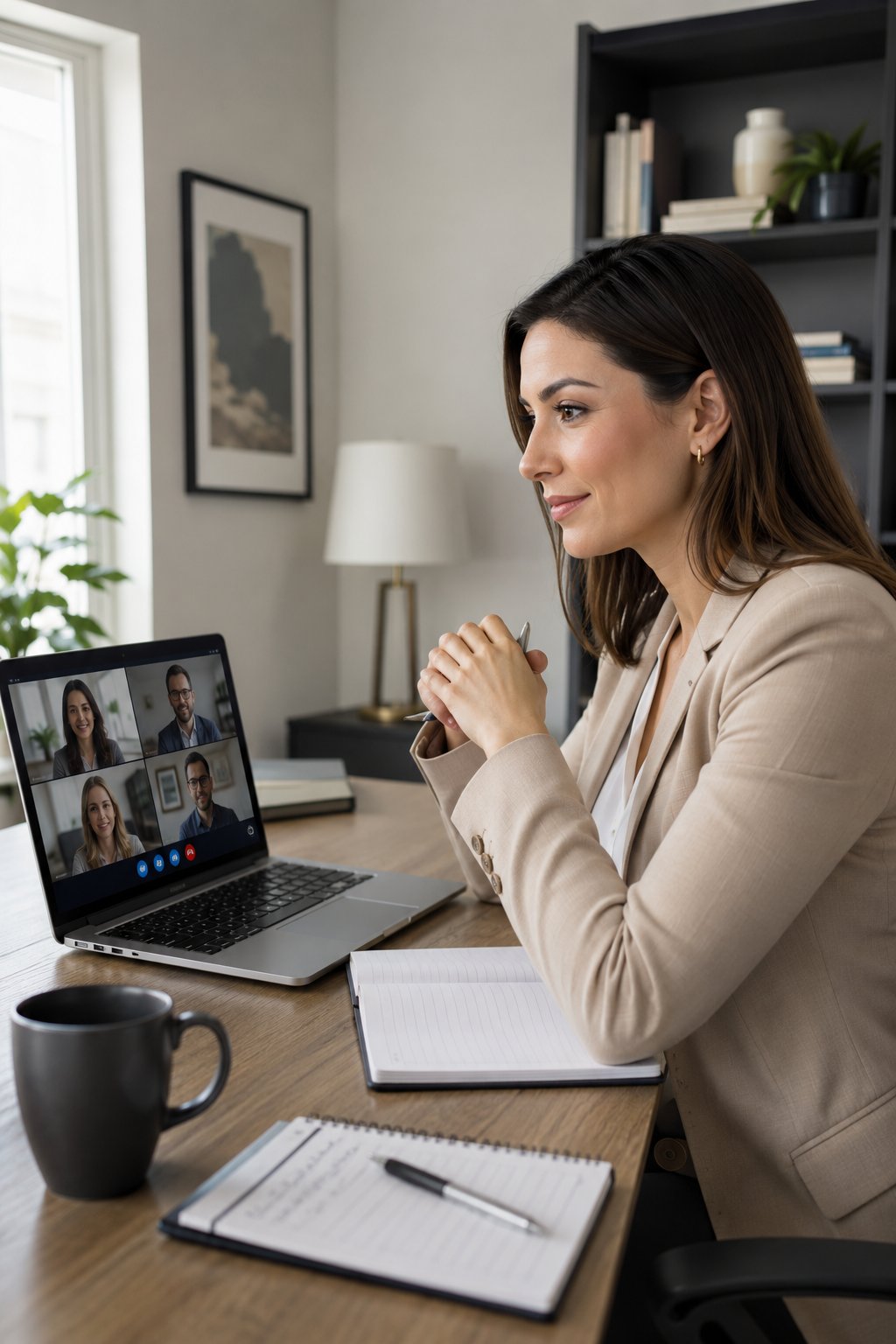 Woman on a professional video call looking composed and engaged at her desk