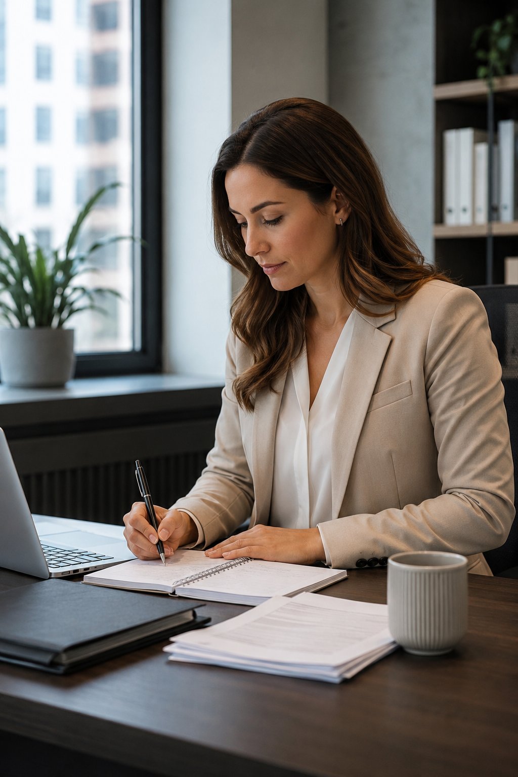 Woman calmly preparing notes before a meeting, focused and self-possessed
