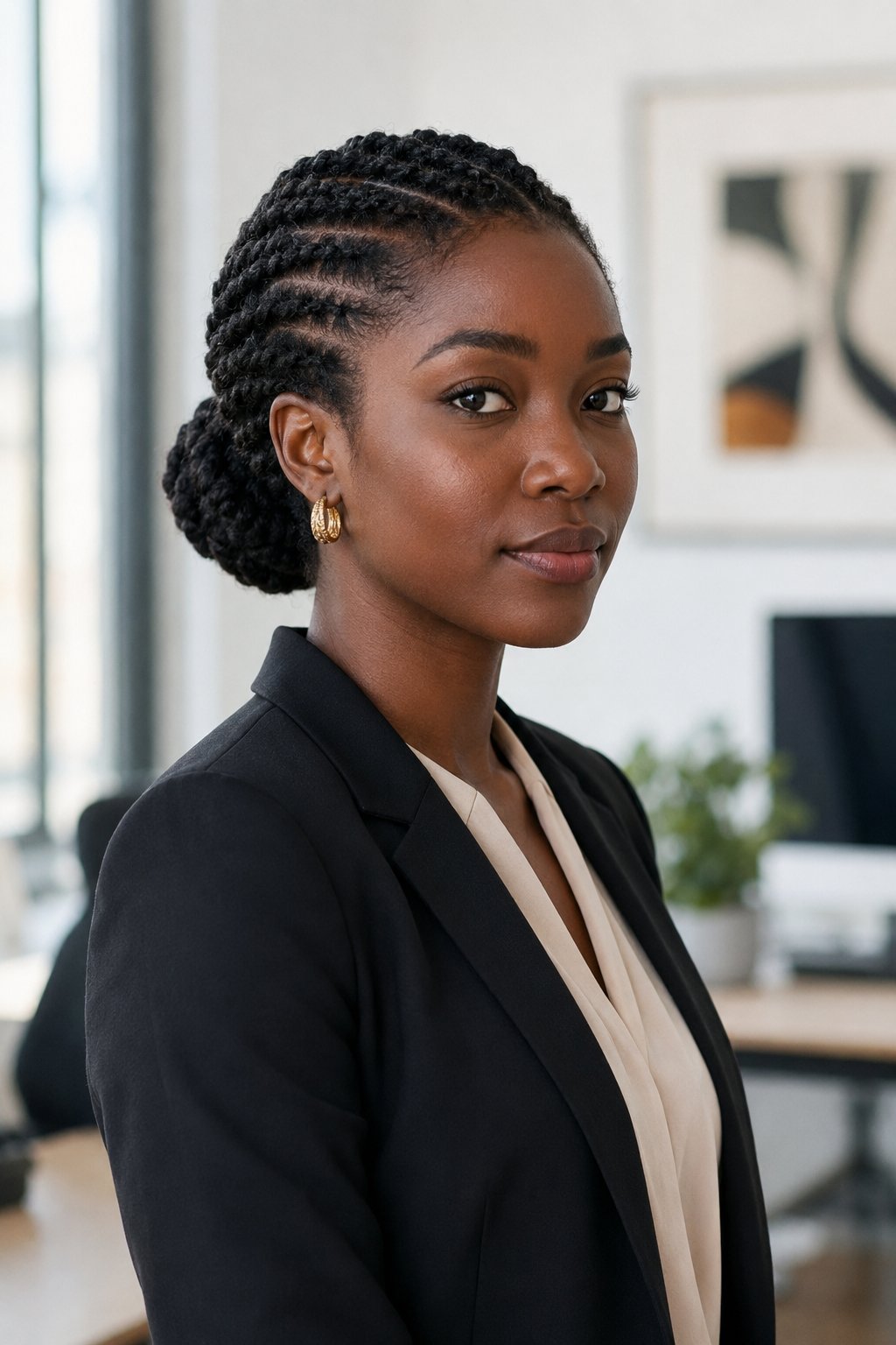 Woman with flat twists gathered into a neat bun at the back