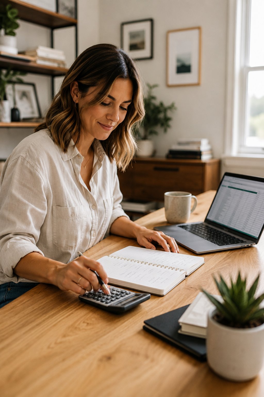 Freelancer calculating hourly rates with a calculator, notebook and laptop
